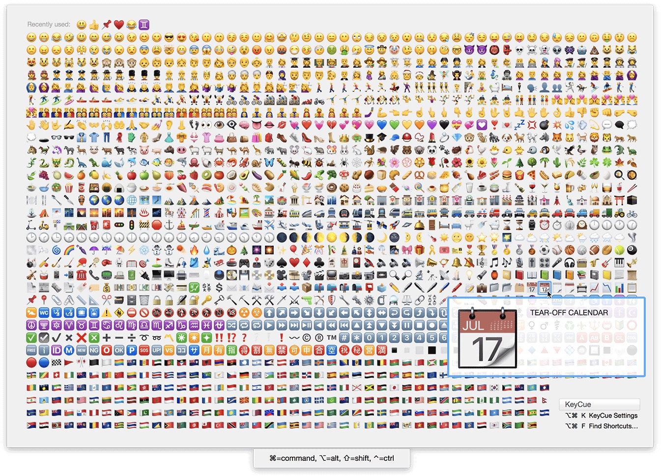 KeyQue 9 shows a table of available emoji characters
