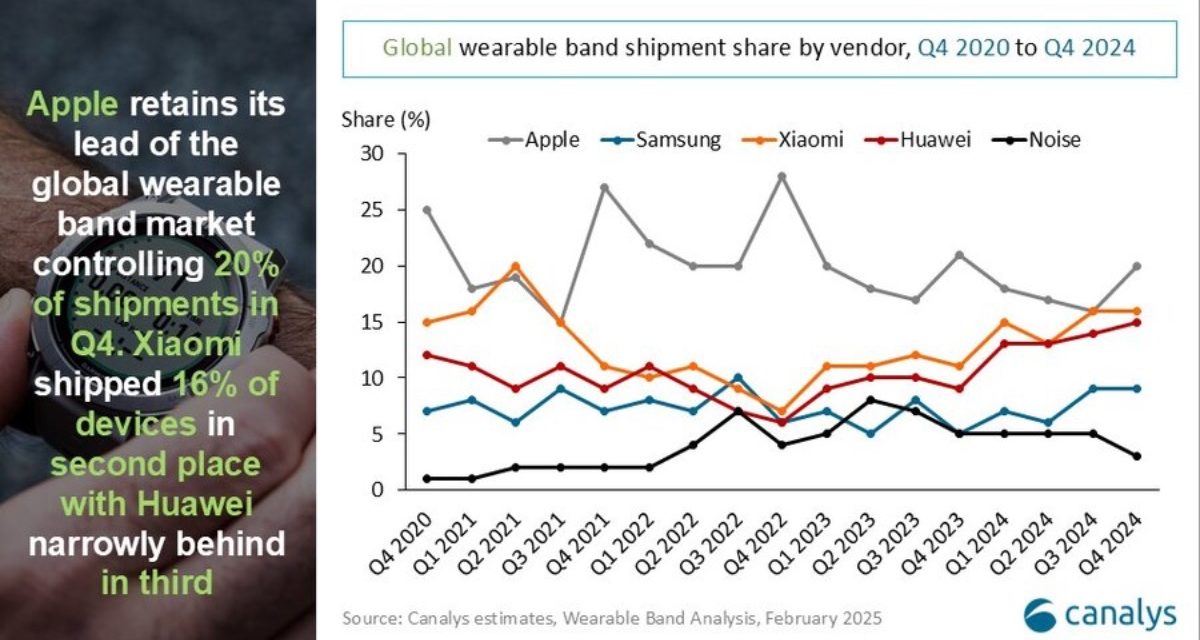 Apple had 17.9% of the global wearable band market in 2024